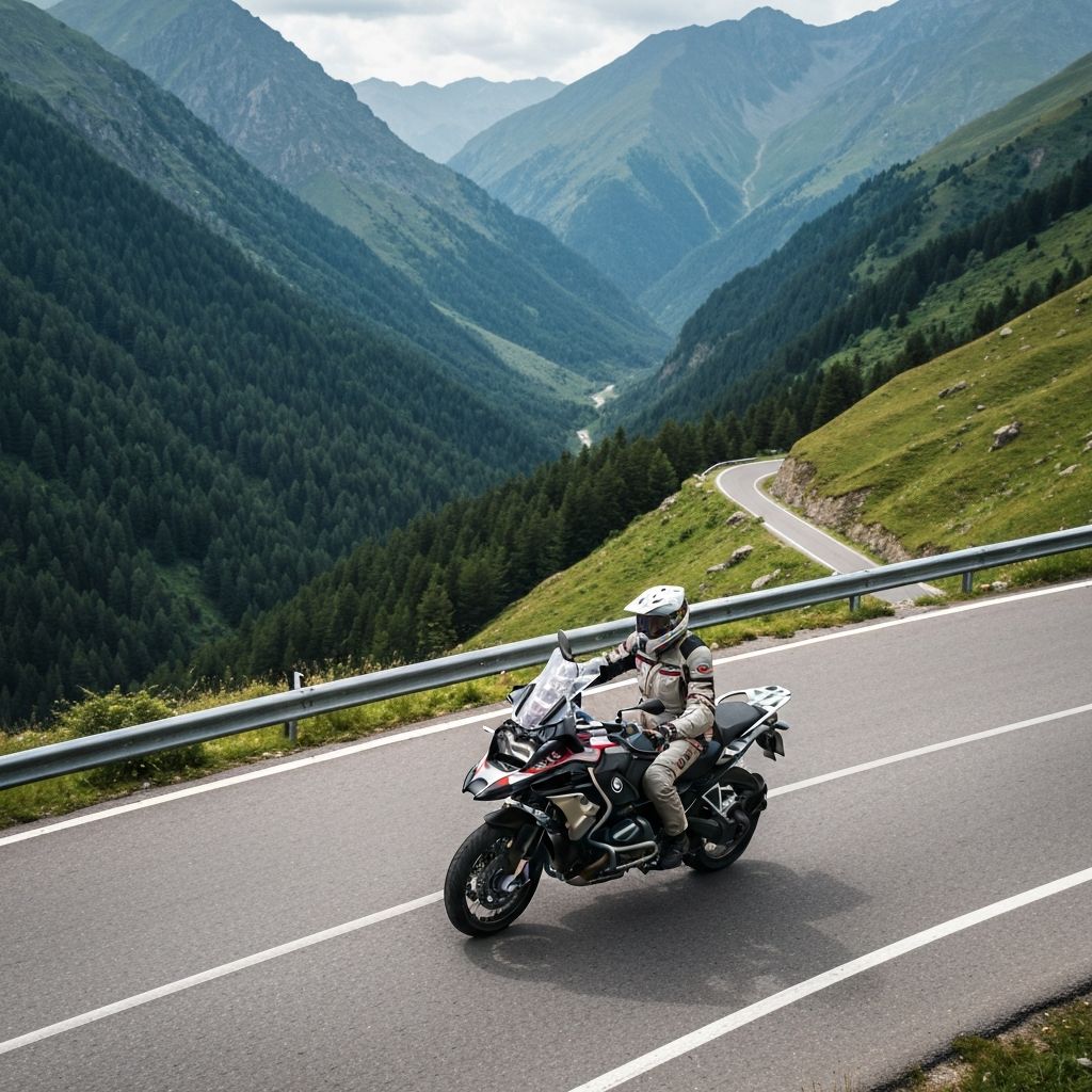 Motorcycle rider on scenic mountain road in Georgia